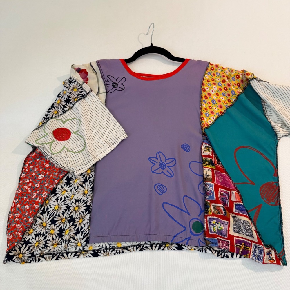 Staley Gretzinger Patchwork Top OS Purple Floral Mixed Print Art to Wear - Picture 10 of 15